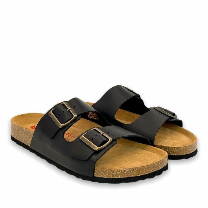 Sandalias Rockfish Hoby Cuero Two-strap Cork Sandal Double Correa Hombre Negras | XGX5880EQ