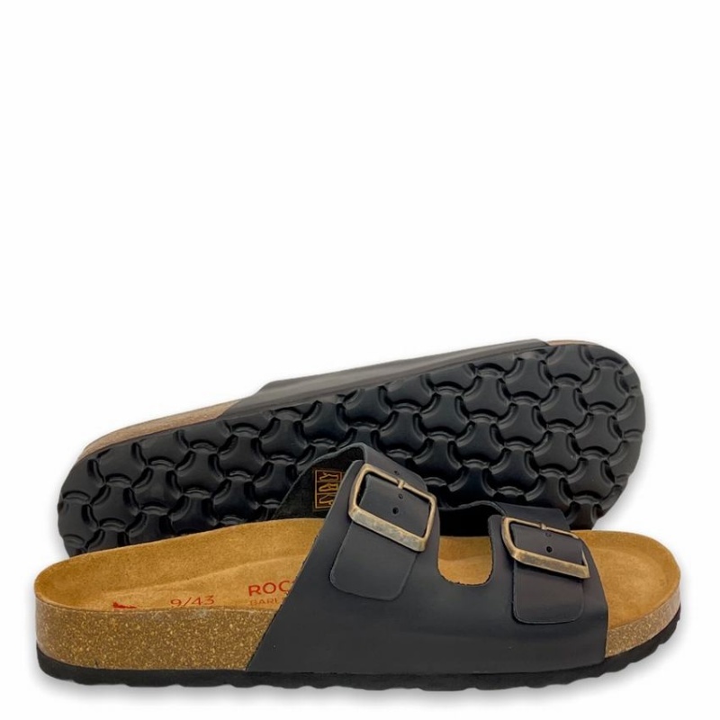 Sandalias Rockfish Hoby Cuero Two-strap Cork Sandal Double Correa Hombre Negras | XGX5880EQ