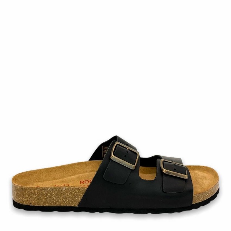 Sandalias Rockfish Hoby Cuero Two-strap Cork Sandal Double Correa Hombre Negras | XGX5880EQ