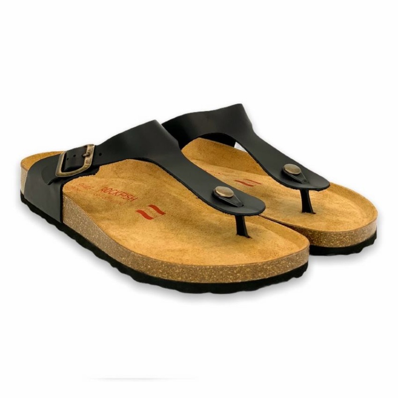 Sandalias Rockfish Lochlan Cuero Tanga Cork Flatform Flip Flop Hombre Negras | TNJ66100YM