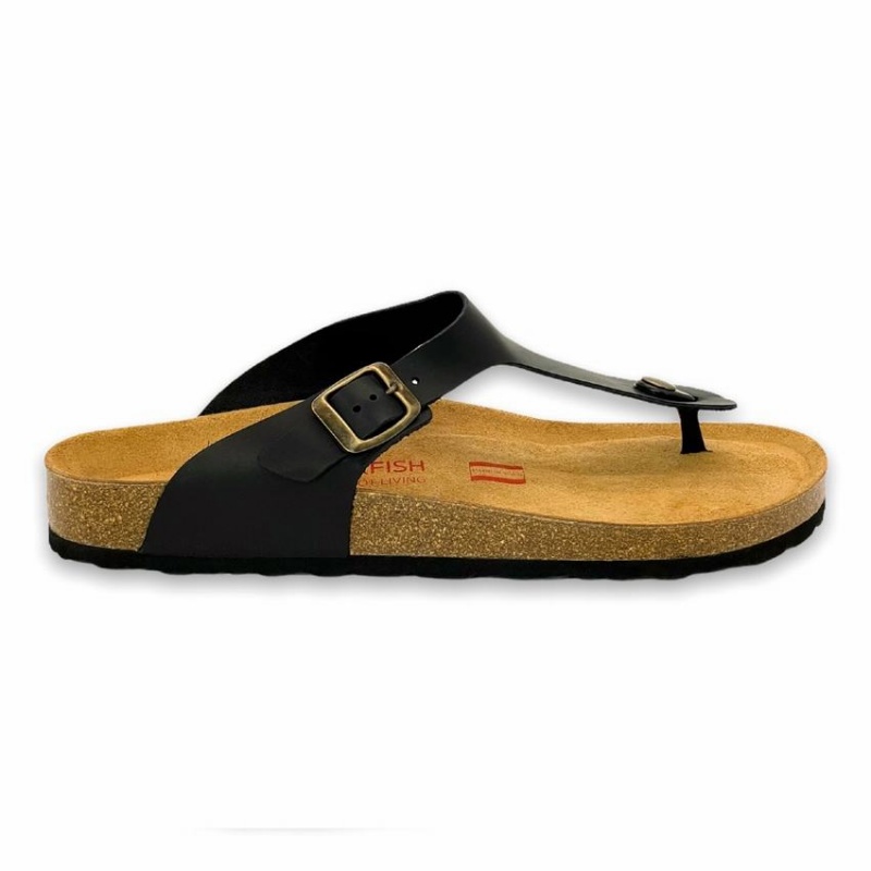 Sandalias Rockfish Lochlan Cuero Tanga Cork Flatform Flip Flop Hombre Negras | TNJ66100YM